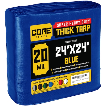 Heavy Duty Tarp, 24 ft L x 0.5 mm H x 24 ft W, 20 Mil, Blue, Polyethylene